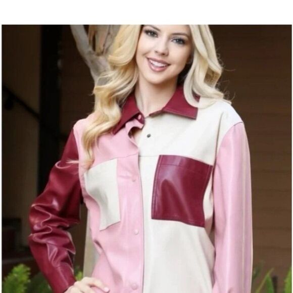 Colorblock Faux Leather Shirt Jacket Shacket 90s 70s Snap button Y2K M - Picture 4 of 16